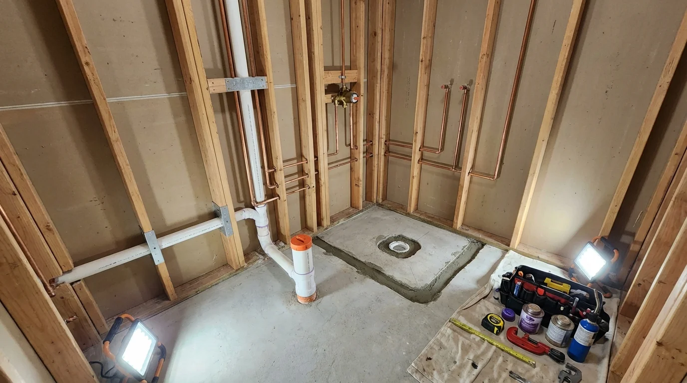 Bathroom rough-in plumbing during remodel by Johns Plumbing LLC in Decorah