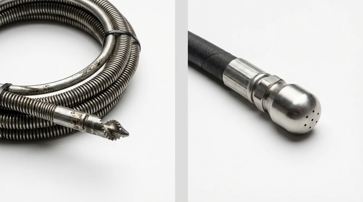 Drain snake cable and hydro jetting nozzle used for drain cleaning in Decorah, IA