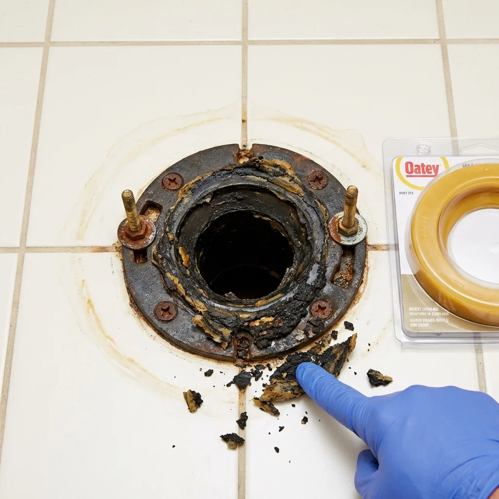 Failed wax ring showing water seepage at the base of a toilet in a Decorah, IA home
