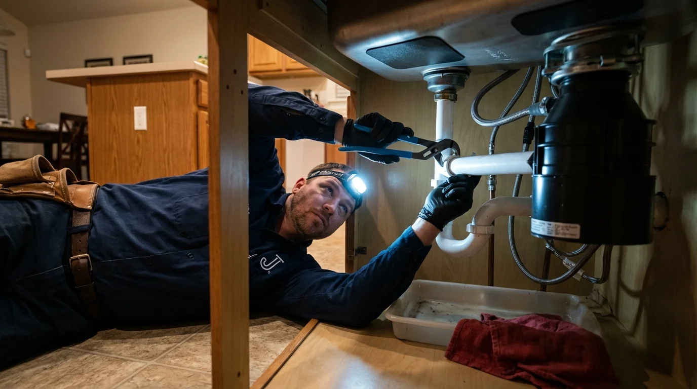 P-trap and supply line connections under a kitchen sink showing a common leak point in Decorah, IA